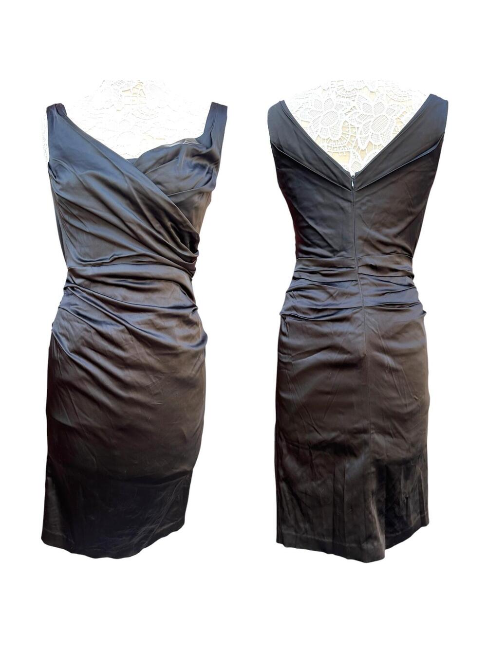 Suzi Chin for Maggy Boutique Black Satin Ruched Wiggle Dress